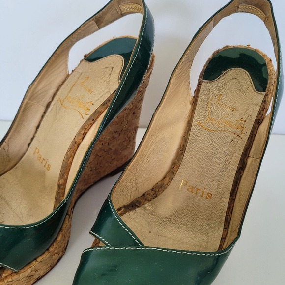 CHRISTIAN LOUBOUTIN Slingback Green Patent Cork Wedge Platform Shoe EU35,5 US 5 - Picture 3 of 10